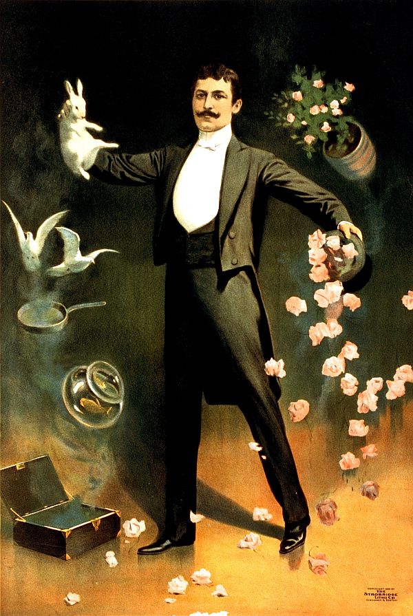zan zig performing with rabbit and roses, magician poster, 1899
