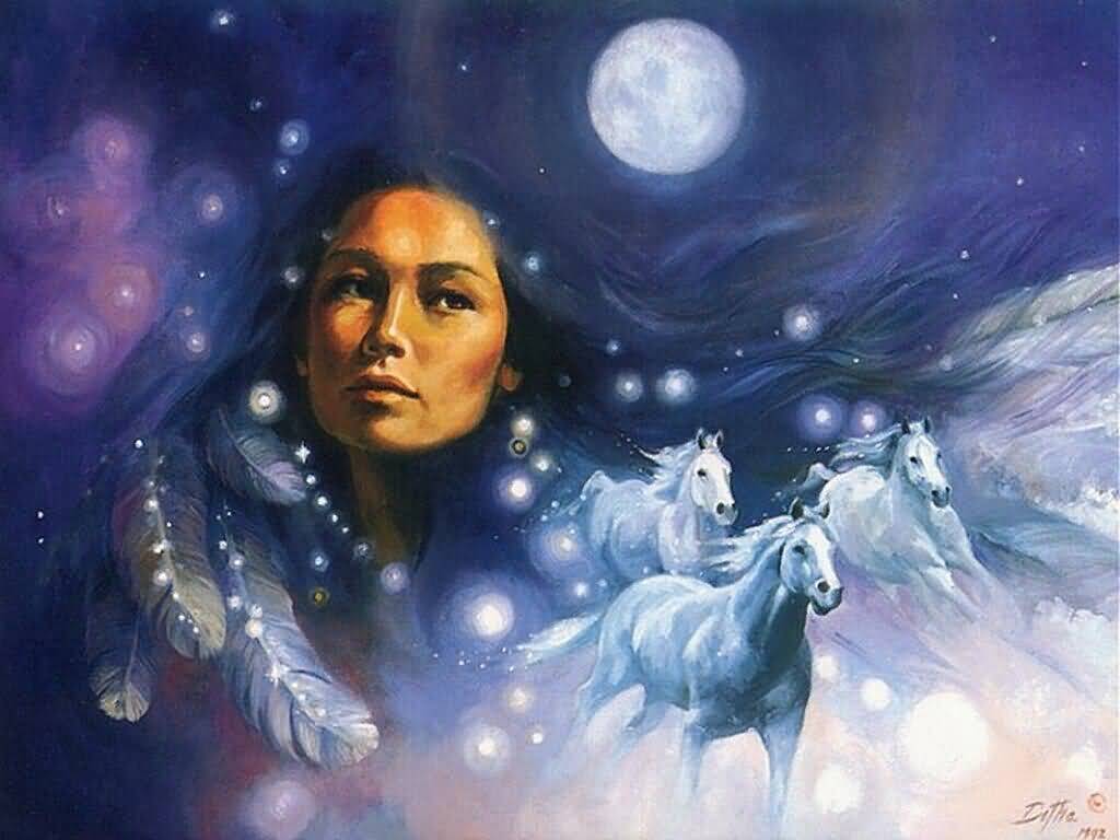Native American Woman in Full Moon Night Sky