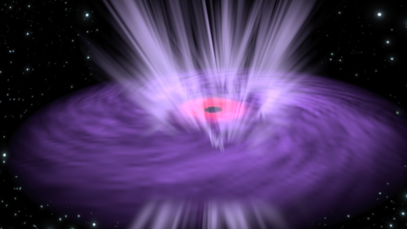 A supermassive black hole with x-ray emission emanating from its inner region (pink) and ultrafast winds (light purple lines) streaming from the surrounding disk. Credit: ESA nustar black hole