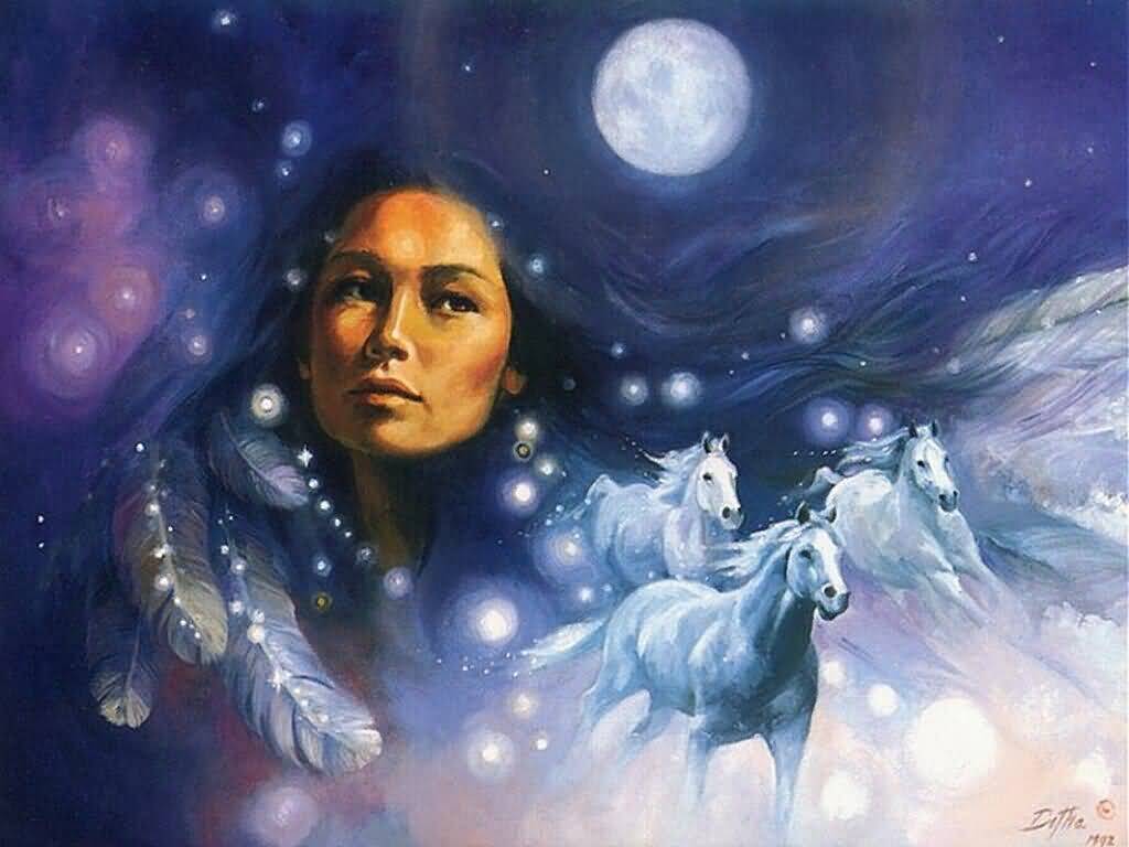 Native American Astrology Native American Woman in Full Moon Night Sky
